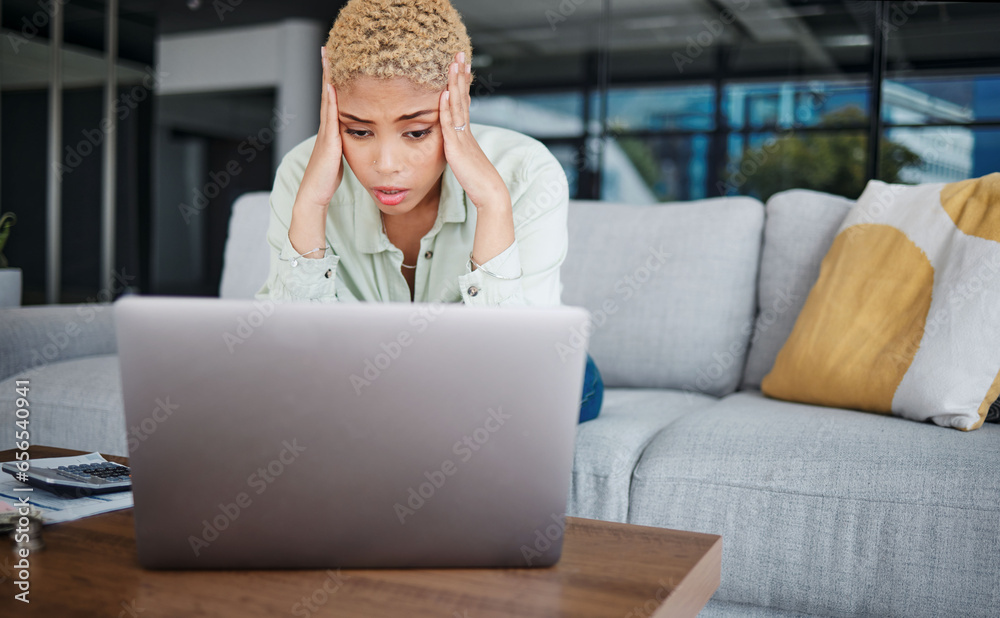 Businesswoman, stressed and laptop with work while remote with financial planning, savings or budget. African, person and frustrated with documents for debt management, retirement or funds for future