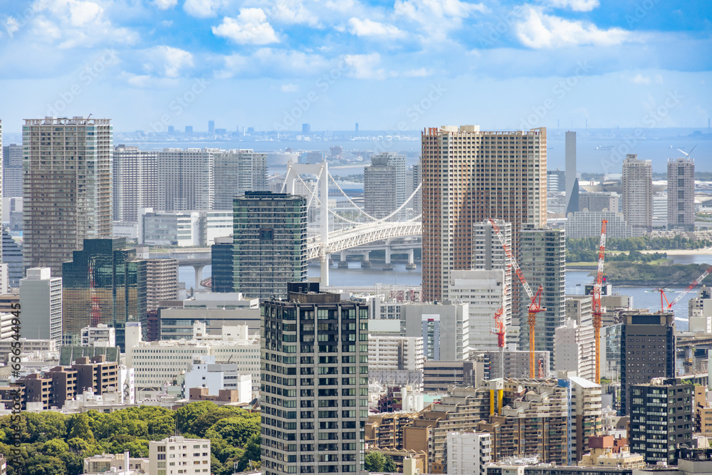 太陽の光が綺麗な東京の高層ビル群