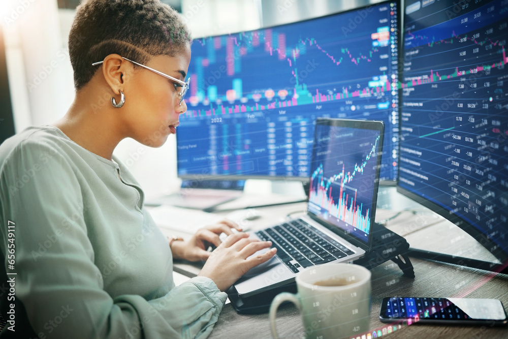 Trading, woman and computer with programming, laptop and stock market with investment, savings and internet. Person, investor and employee with a pc, connection and code with website info and typing