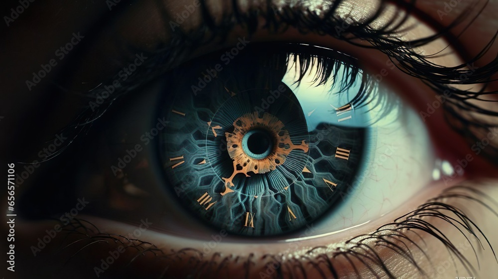 Clock watch timer in female human eye with long eyelashes. Time human age hour future past concept.