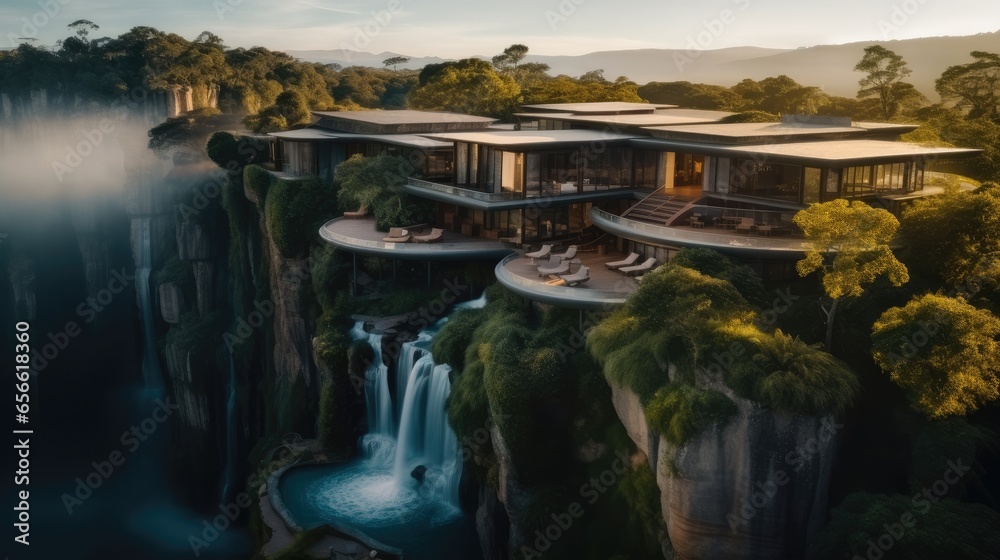 An extraordinary beautiful villa perched on the edge of a breathtaking waterfall, Surrounded by lush greenery, Aerial high view.