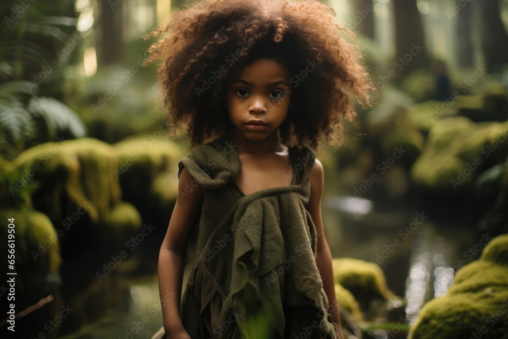 Black little girl wandering in moss botanic garden.