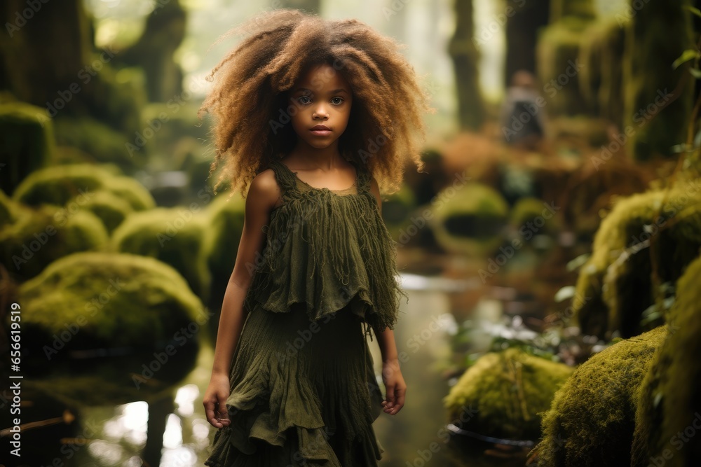 Black little girl wandering in moss botanic garden.