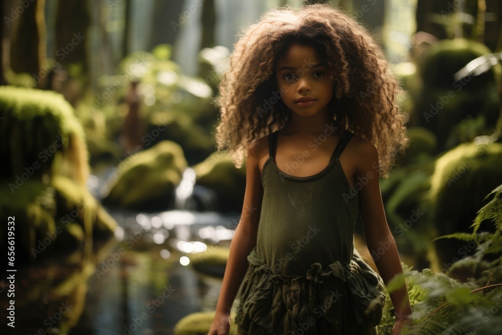 Black little girl wandering in moss botanic garden.