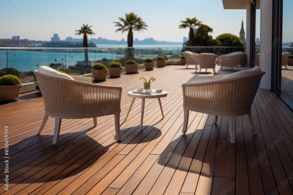 Chair and table on teak decking flooring outside a robby hotel.