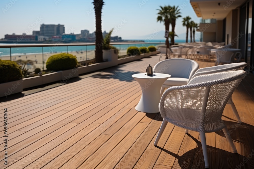 Chair and table on teak decking flooring outside a robby hotel.