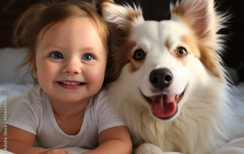 Dog with happy baby on bed.