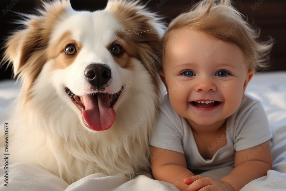 Dog with happy baby on bed.