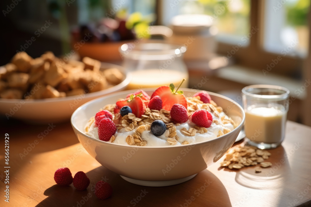 Healthy breakfast cereal on table in kitchen.