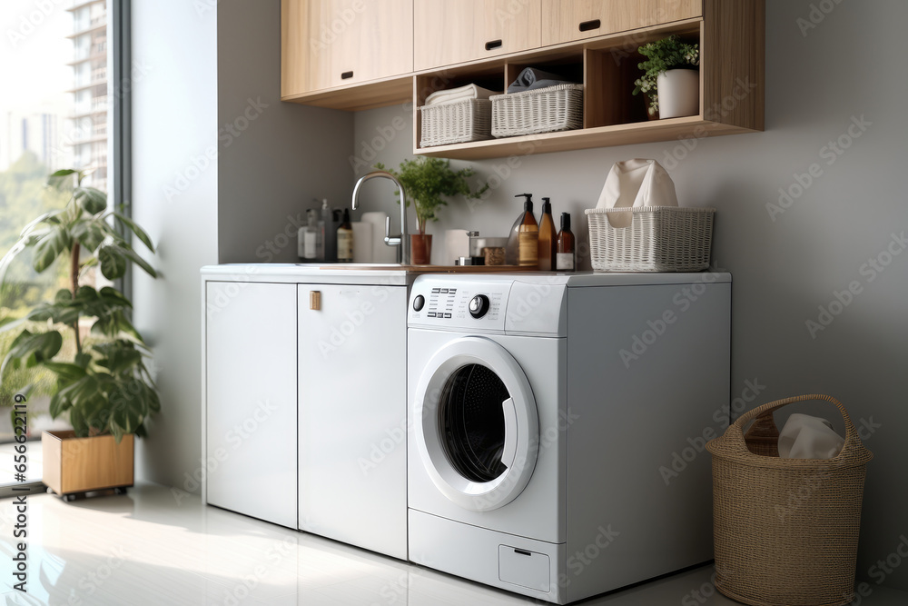 Laundry machine with cabinet in home, Minimalist panel-style.