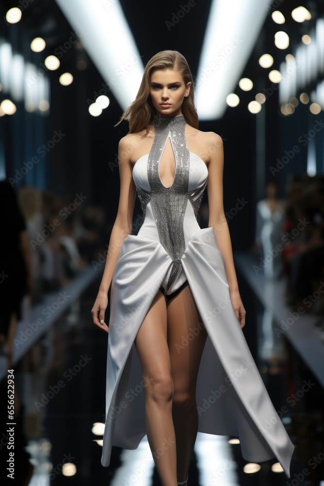 Model on runway wear dress of modern design.