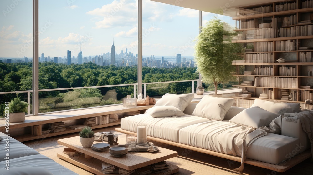 Modern living room with corner windows on a fancy windowsill.