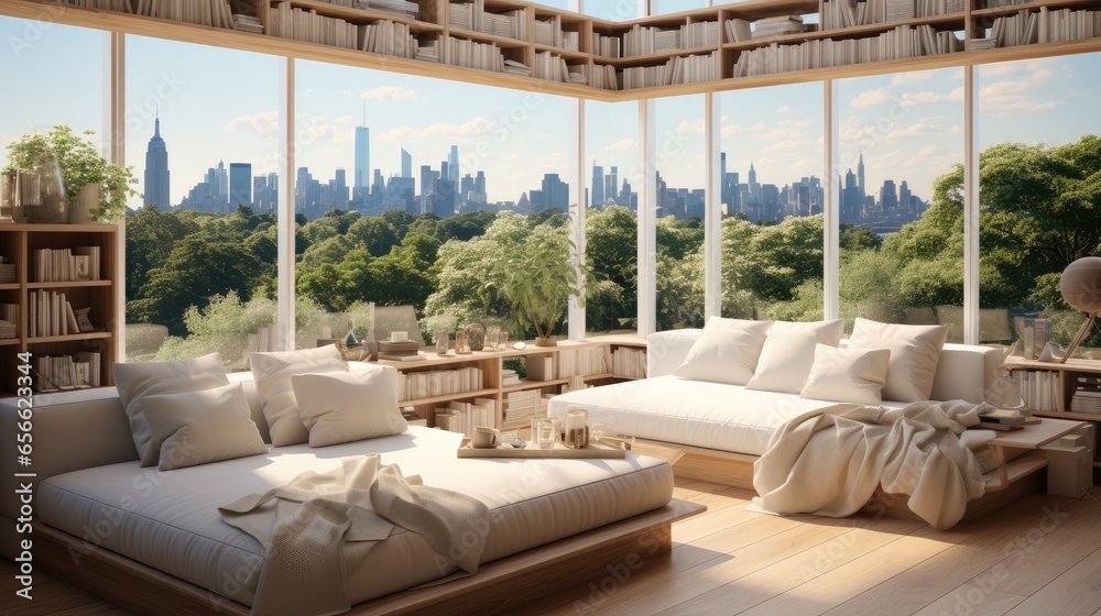 Modern living room with corner windows on a fancy windowsill.