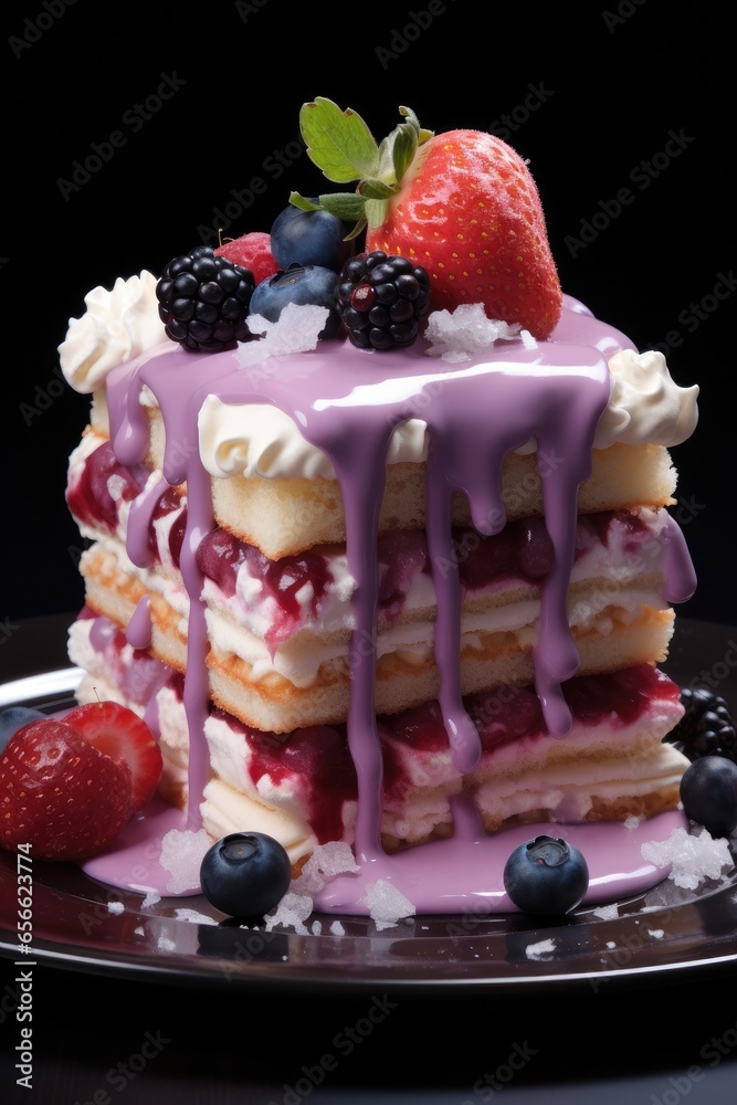 Pink and purple slice of strawberry cake.