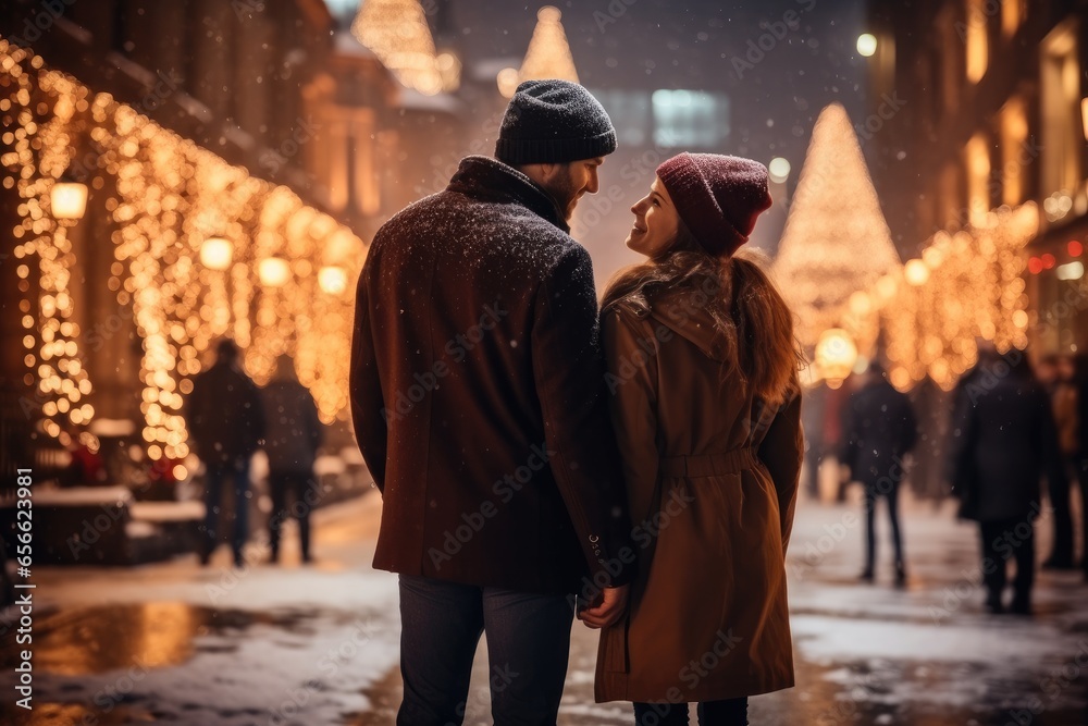 Couple standing next to a Christmas tree in the city street, snow in the city square, Christmas market.