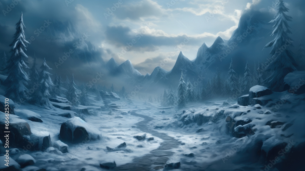 Snowy landscape with surrounding and dust, In the background is snowy Forest.