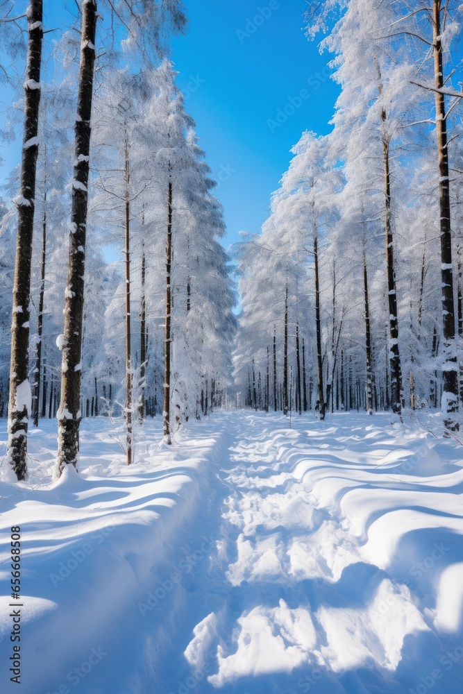 Snowy forest: Tall trees, snow-covered ground, and blue sky