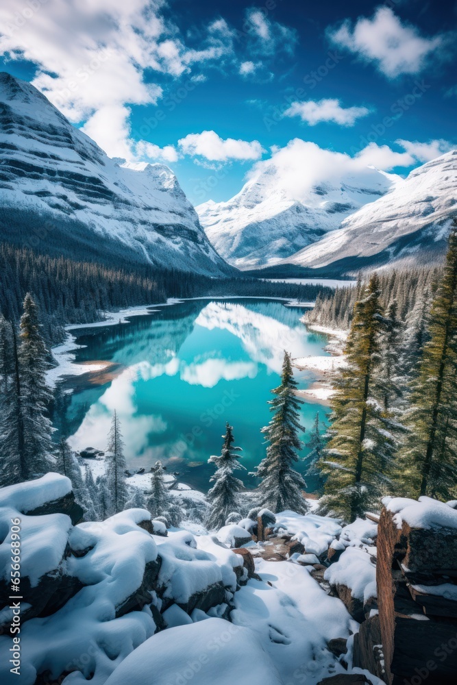 Winter wonderland: Snowy landscape, mountains, and frozen lakes.