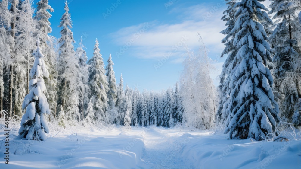 Snowy forest: Tall trees, snow-covered ground, and blue sky