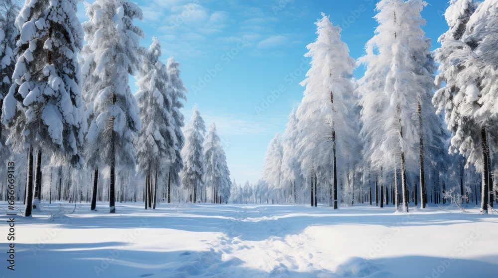 Snowy forest: Tall trees, snow-covered ground, and blue sky