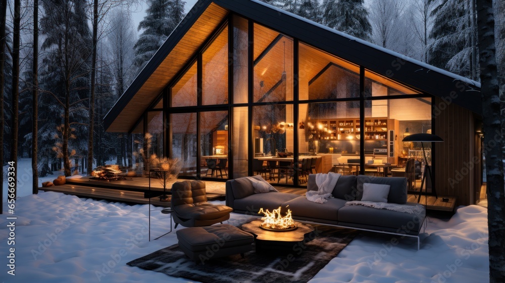 Cozy cabin surrounded by winter forest