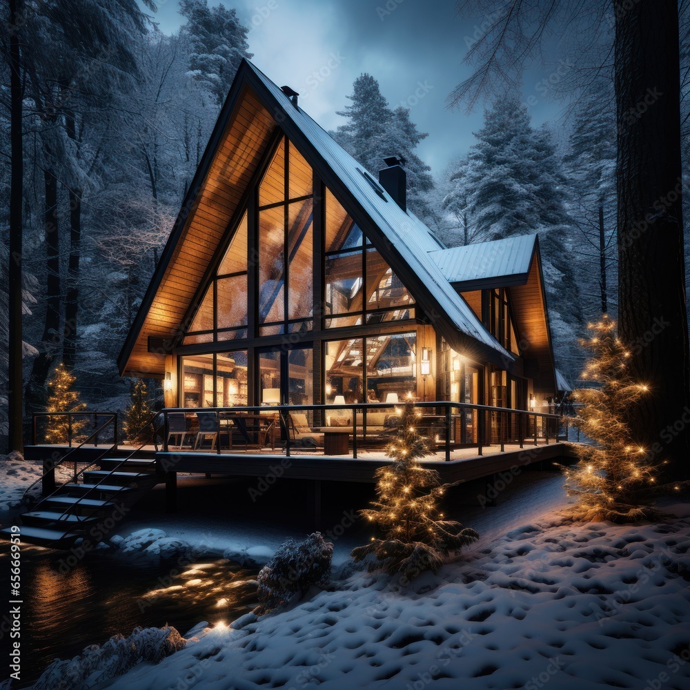 Cozy cabin surrounded by winter forest