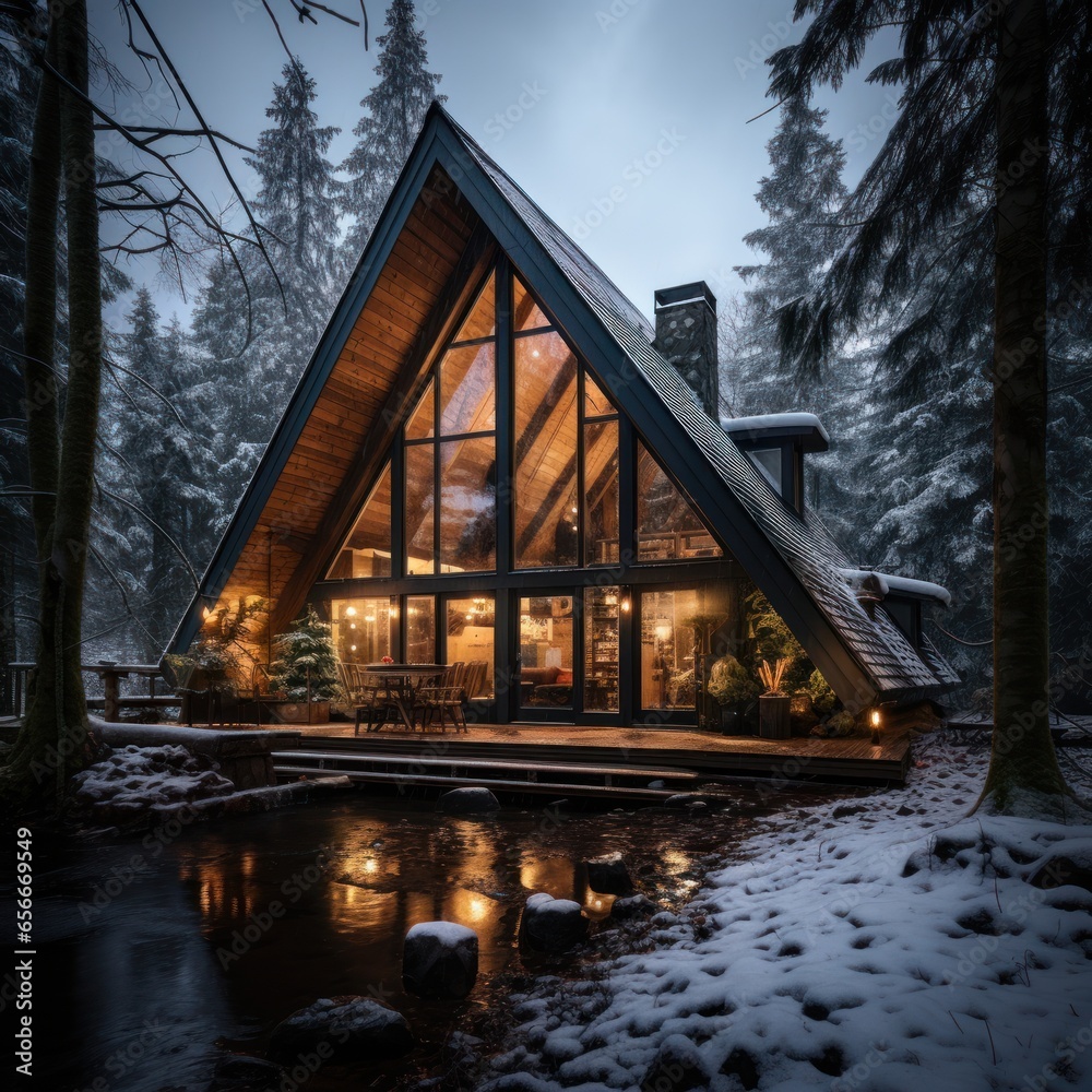 Cozy cabin surrounded by winter forest