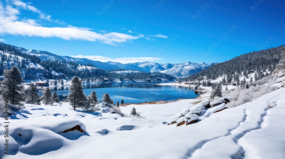 Winter wonderland: Snowy landscape, mountains, and frozen lakes.