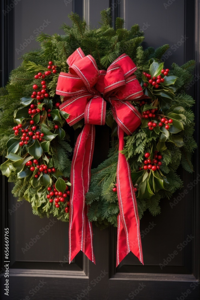 Festive wreath: Green leaves, red berries, and a bright red bow