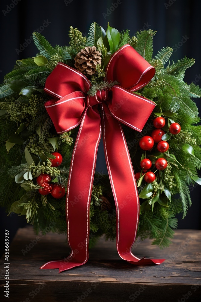 Festive wreath: Green leaves, red berries, and a bright red bow