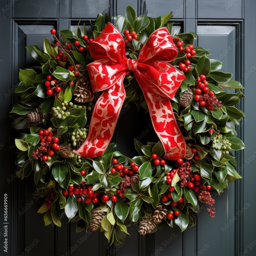 Festive wreath: Green leaves, red berries, and a bright red bow