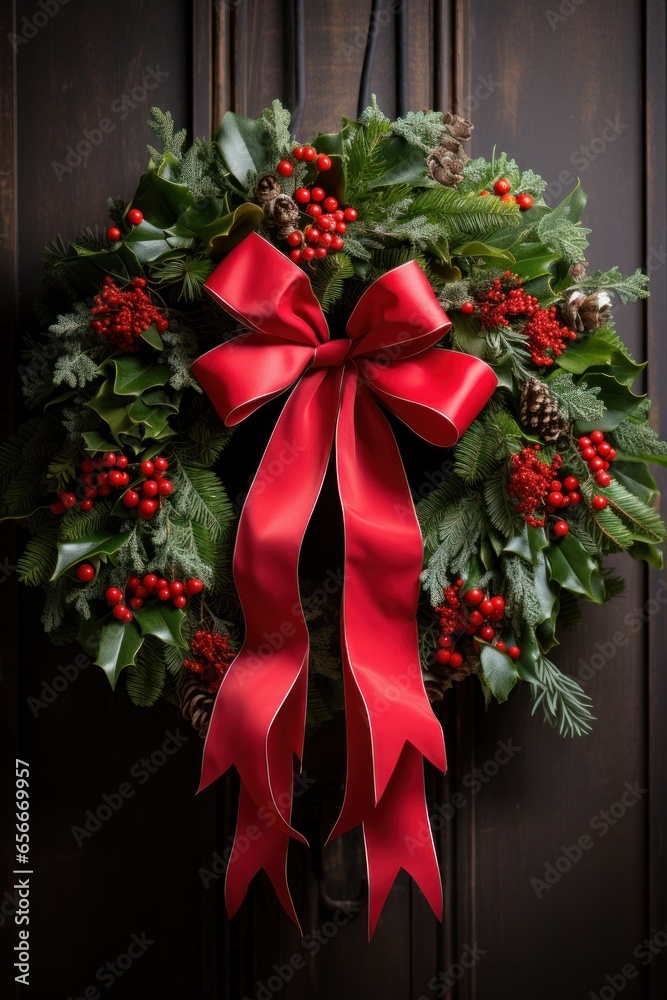 Festive wreath: Green leaves, red berries, and a bright red bow