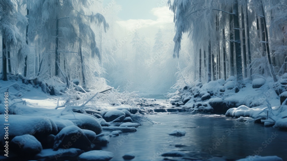 Snowy forest: Tall trees, snow-covered ground, and blue sky