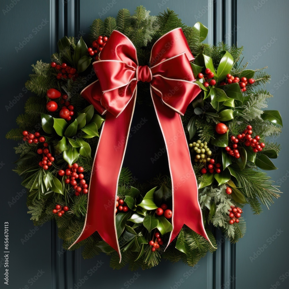 Festive wreath: Green leaves, red berries, and a bright red bow