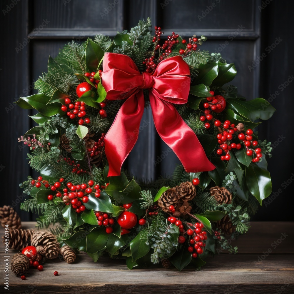 Festive wreath: Green leaves, red berries, and a bright red bow