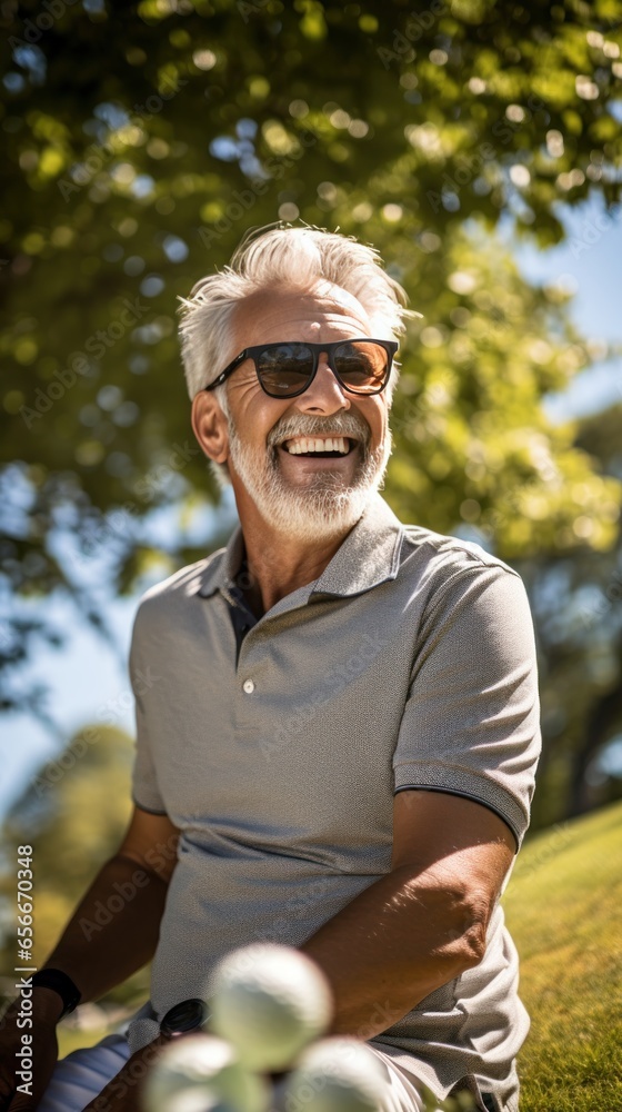 Senior man hitting a golf ball on a sunny day