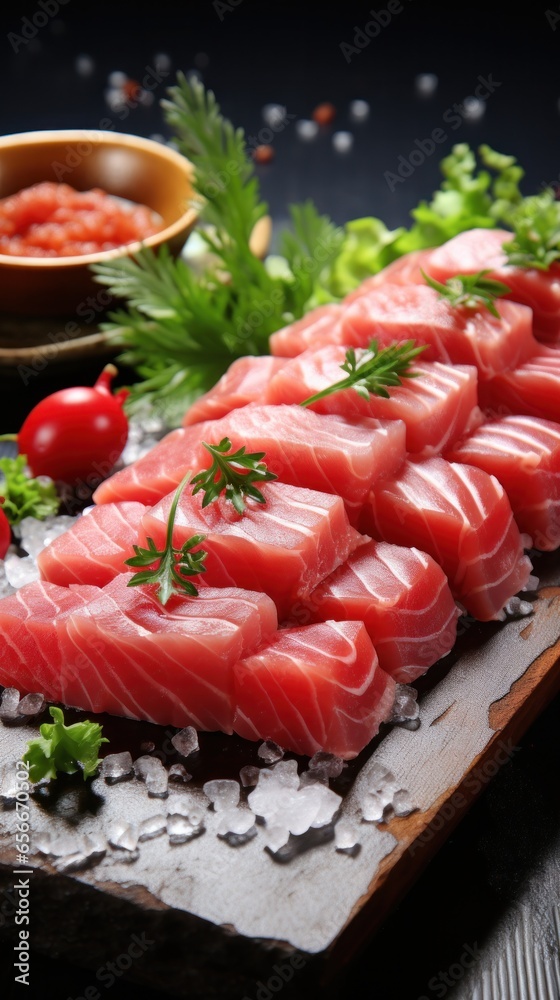 Tuna. Reddish-pink meat, ideal for sushi and grilling