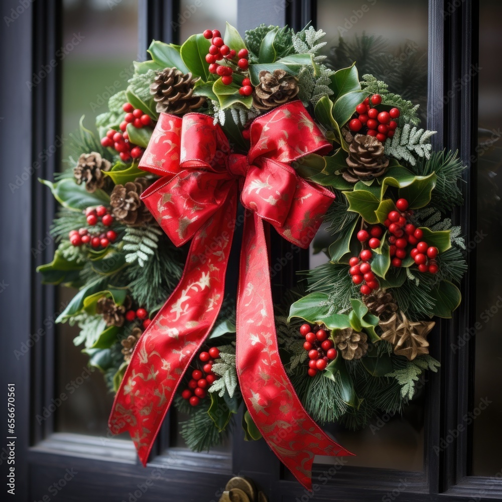 Festive wreath: Green leaves, red berries, and a bright red bow