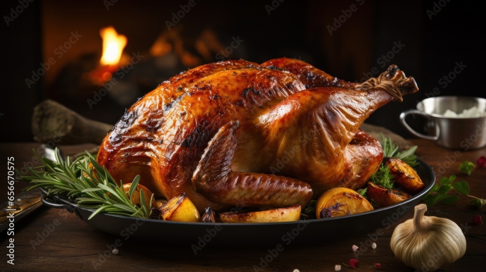 Roasted turkey for traditional thanksgiving dinner on rustic table