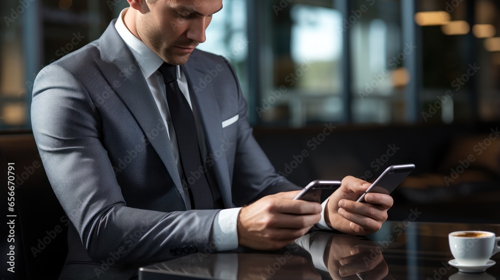 Male executive in suit and tie checking email on smartphone