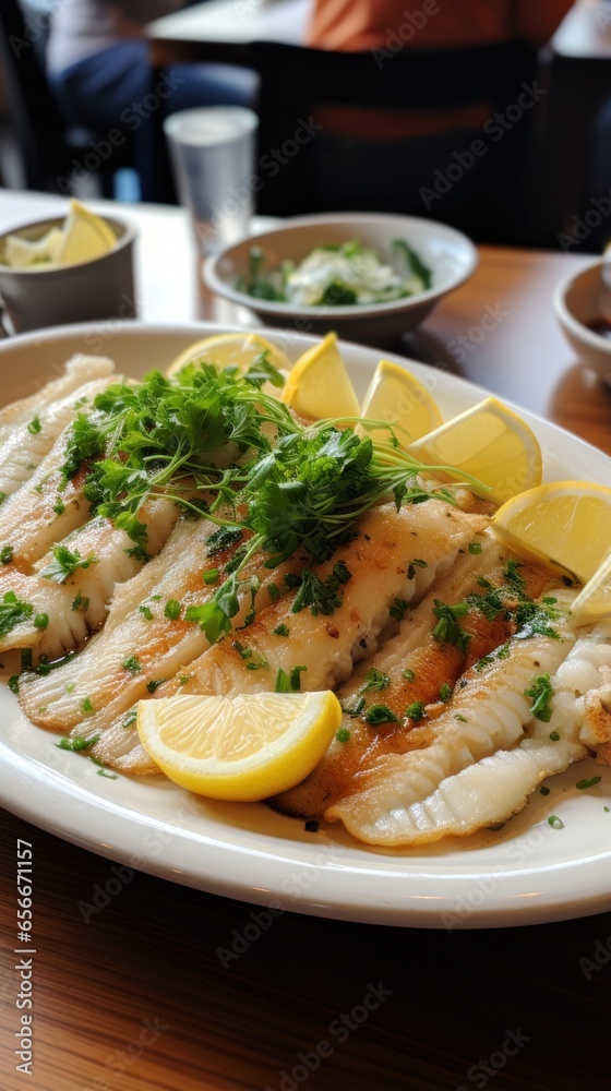 Flounder. Flat, white fish with a mild, sweet flavor