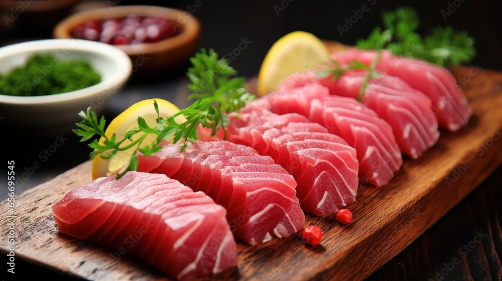 Tuna. Reddish-pink meat, ideal for sushi and grilling