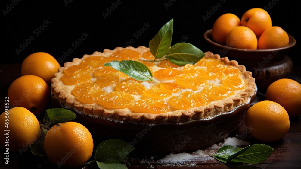 Yummy kumquat pie with sliced one piece on dark surface