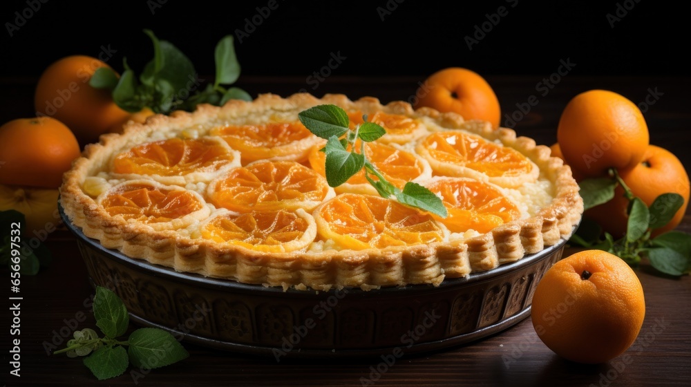 Yummy kumquat pie with sliced one piece on dark surface