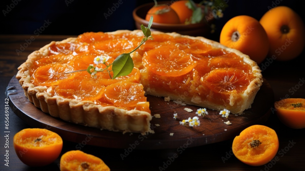 Yummy kumquat pie with sliced one piece on dark surface