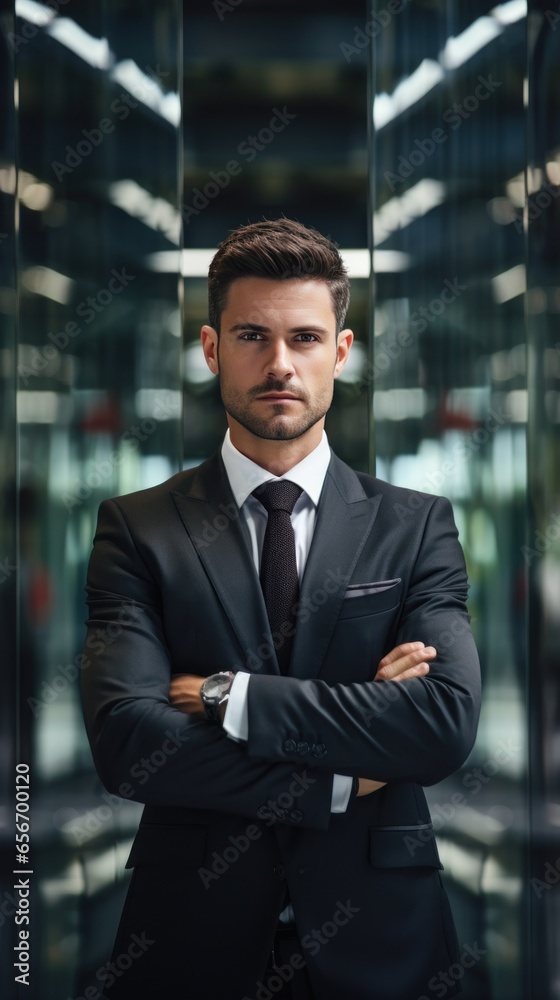 Businessman with arms crossed, standing in front of glass office building