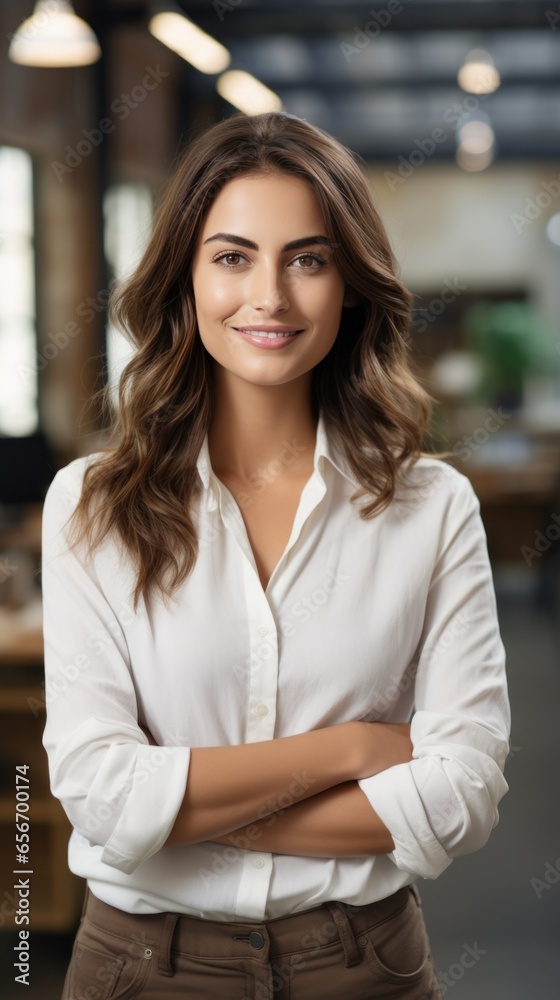 Confident female entrepreneur standing with arms crossed and smiling at camera