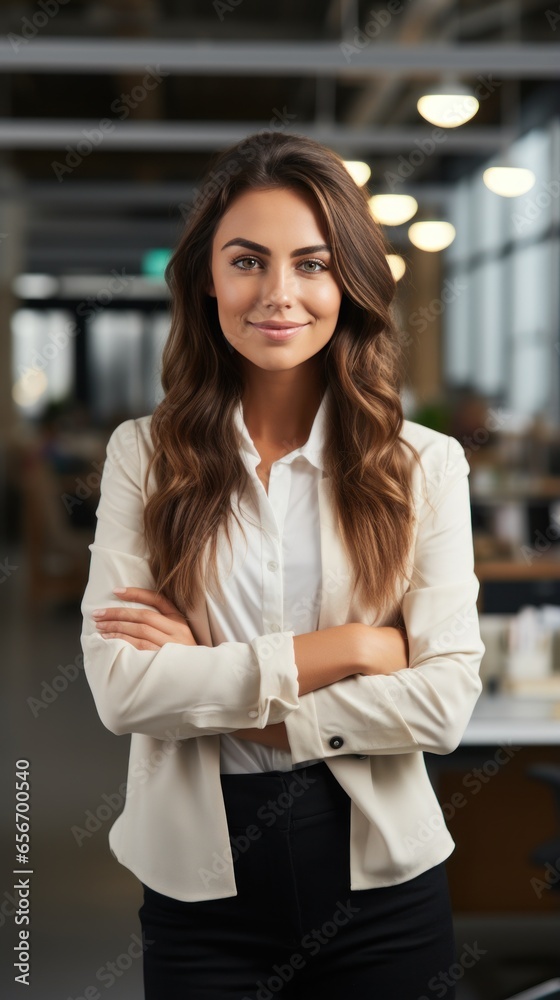 Confident female entrepreneur standing with arms crossed and smiling at camera