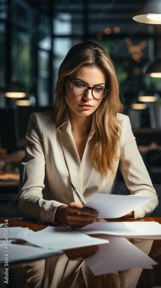 Female CEO sitting at desk, holding pen and looking at paperwork