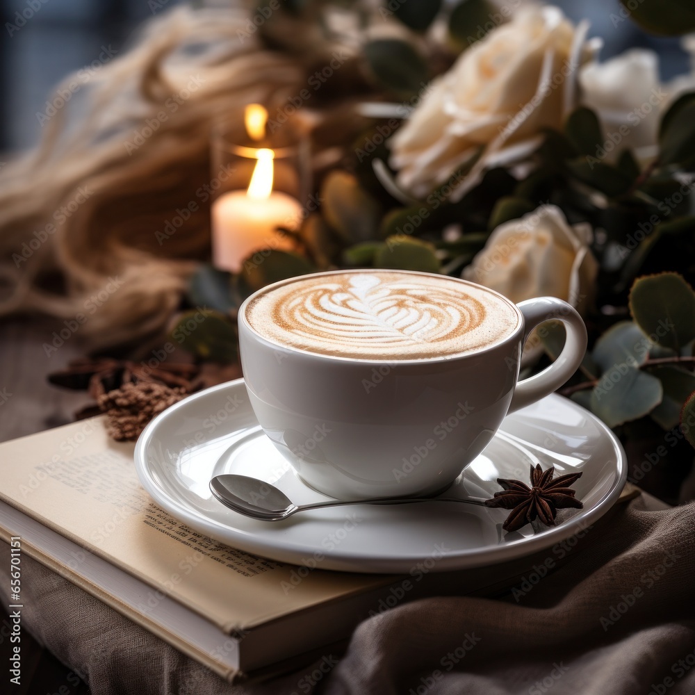 White cup of coffee and book on the autumn mood